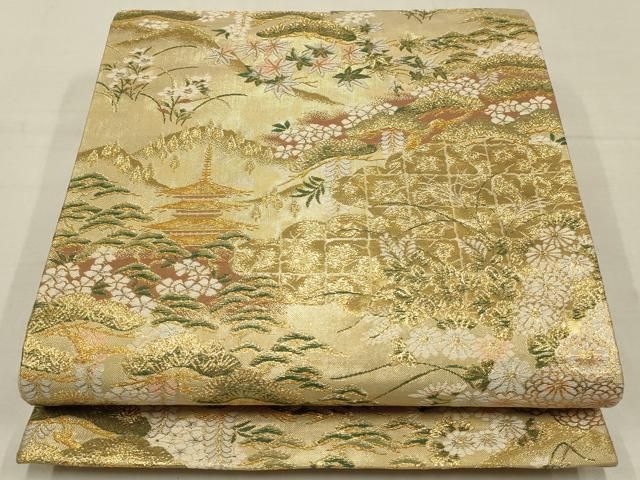 平和屋着物▽六通柄袋帯 四季の都 遠山風景樹林文 金糸 正絹 逸品
