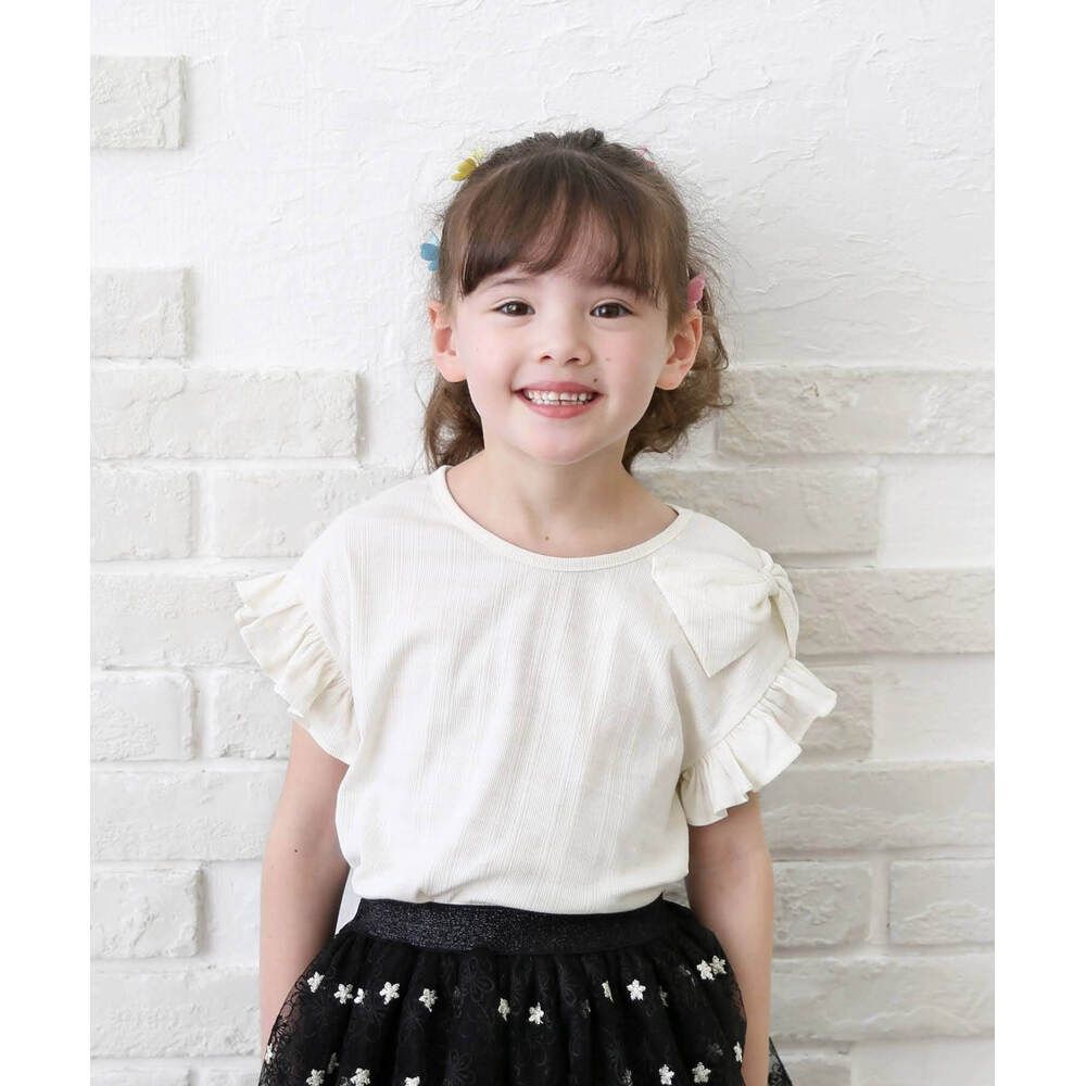クリーム  100cm  アイアムリボンT キッズ Tシャツ 半袖 女の子 カットソー 73042401 半袖Tシャツ 夏服 フリル リボン フリル袖 カジュアル フォーマル 可愛い おしゃれ かわいい オシャレ こども 