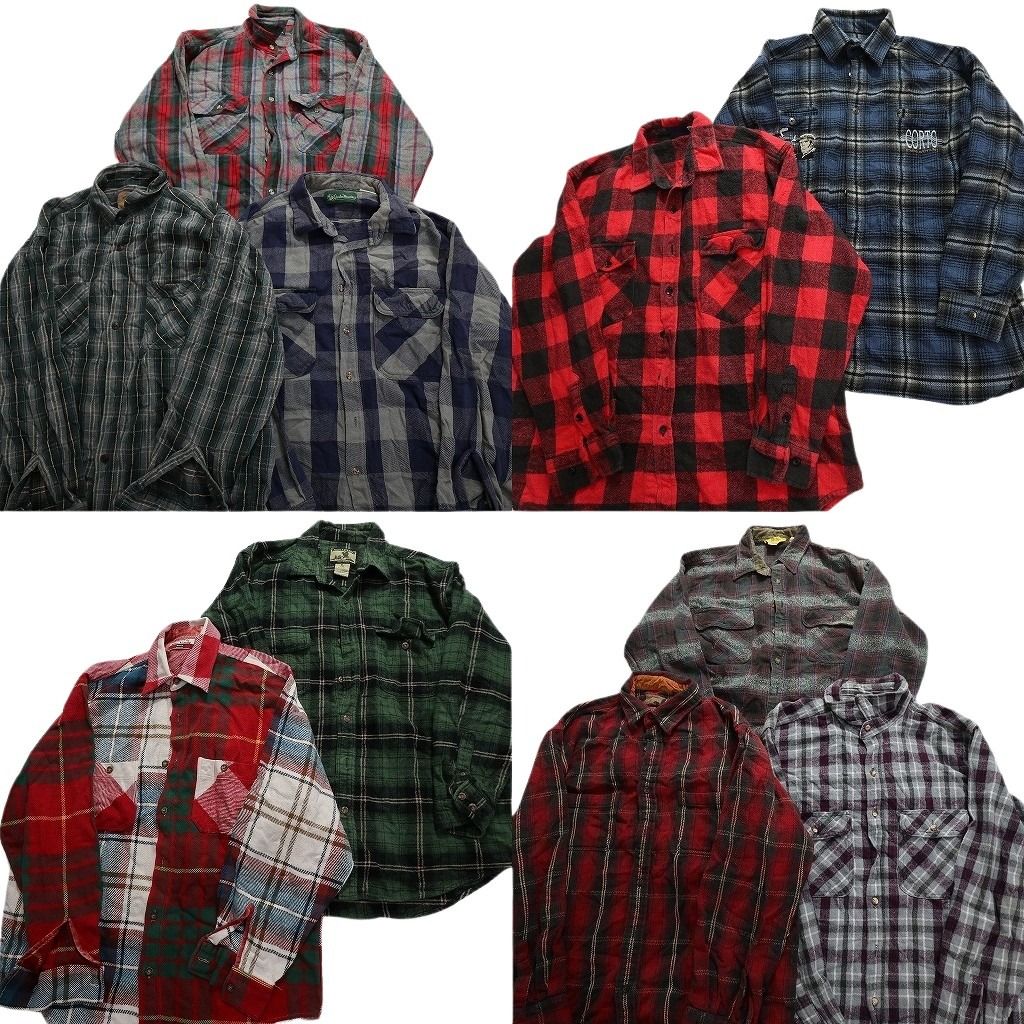 古着卸 まとめ売り ヘビーネル 長袖シャツ 10枚セット (メンズ XL ) ダブルフラップ ブロックチェック レッド ブルー グリーン MU9746
