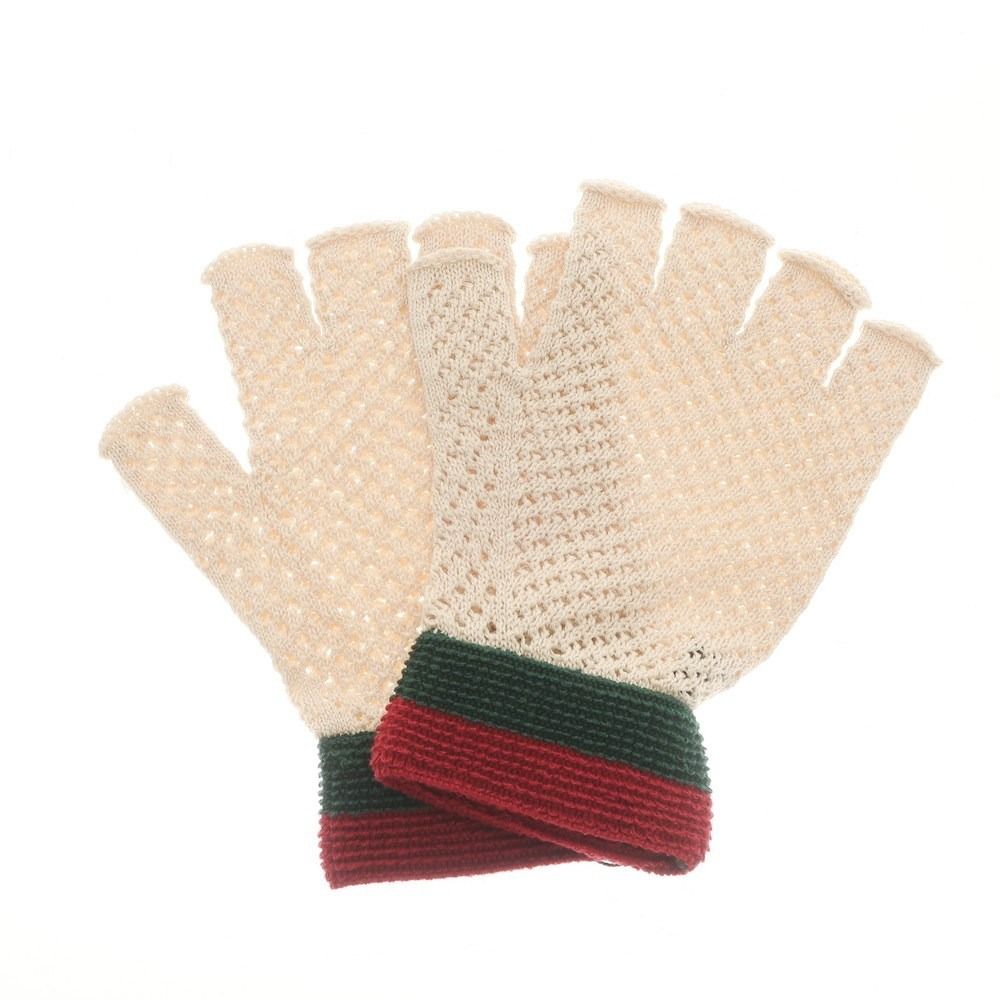 【中古】【未使用】グッチ GUCCI コットン 手袋 ベージュxグリーン×レッド【ユニセックス】