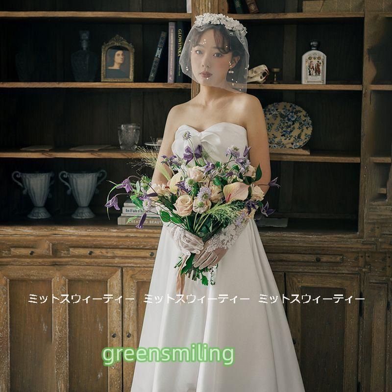 ウェディングドレス ロングドレス 結婚式 ウエディングドレス ビスチェ リボン 二次会 花嫁 前撮り 光沢サテン ホワイト リゾ