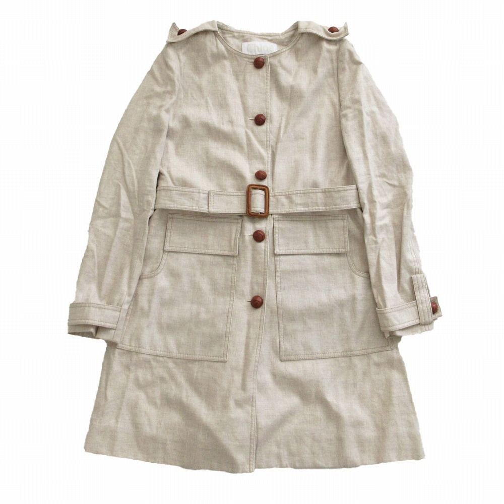 CHLOE クロエ ノーカラー リネン トレンチコート アウター ヘリンボーン柄 アイボリー サイズXS 11SMA06-11S074 レディース 【中古】