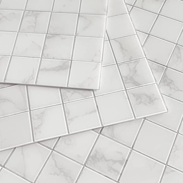 Es DECOR 大理石の風タイルシール 壁紙 シールモザイクタイルキッチン洗面所トイレDIYタイル耐熱防水 5枚 白( 白)
