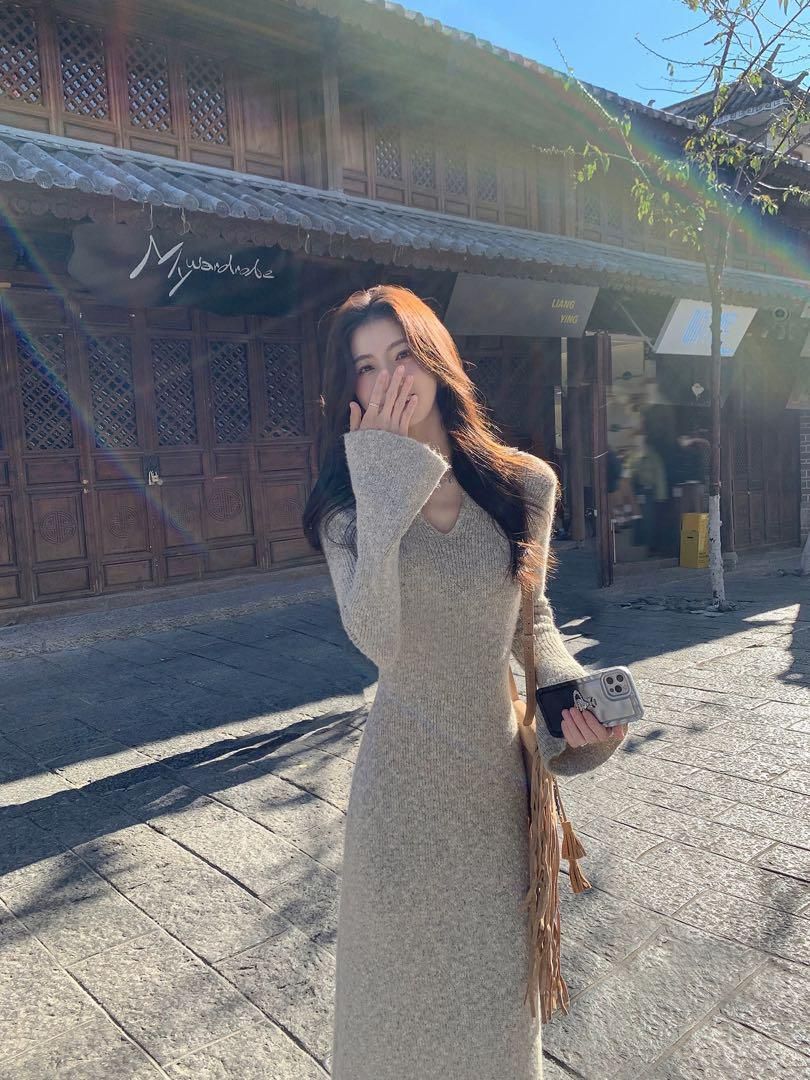 大人 春ニットロングワンピース