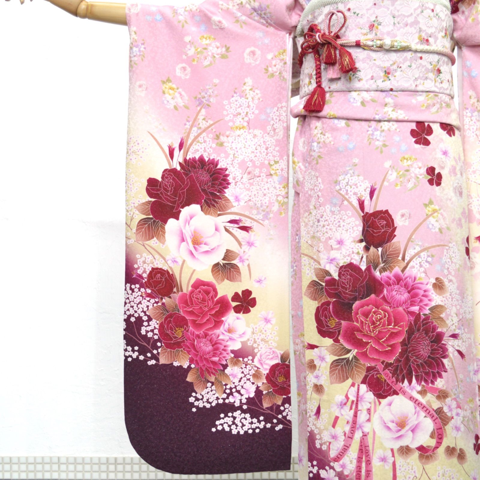 美品》正絹 振袖フルセット 成人式 M〜LLサイズ 薔薇 レース帯 上品 美 