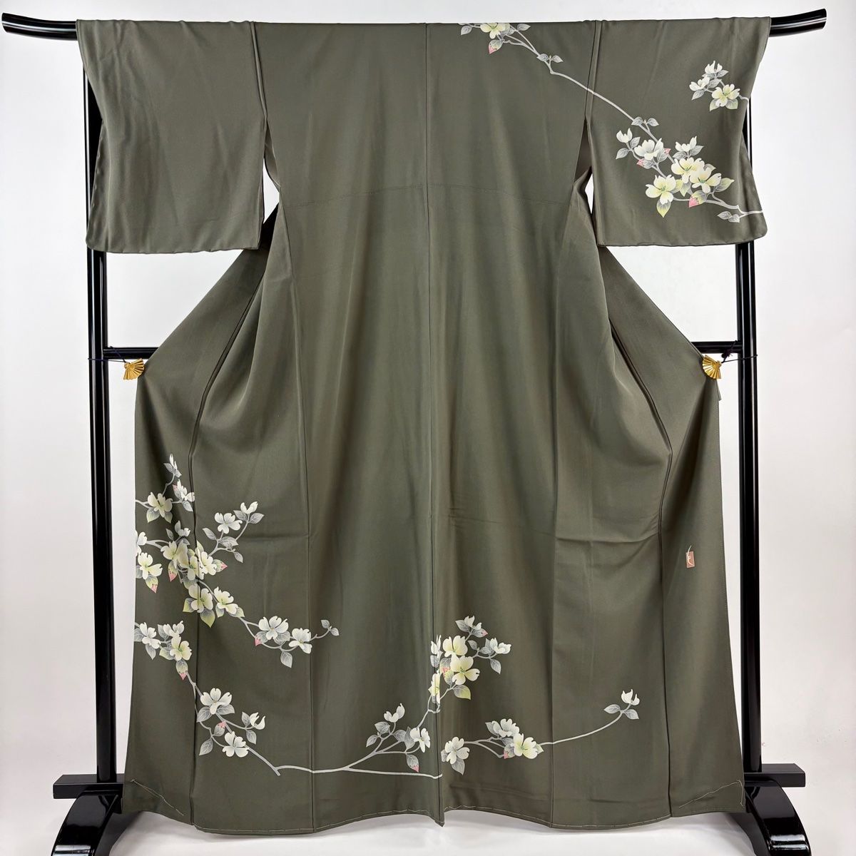訪問着 身丈166cm 裄丈68cm L 袷 落款 枝花 灰緑 正絹