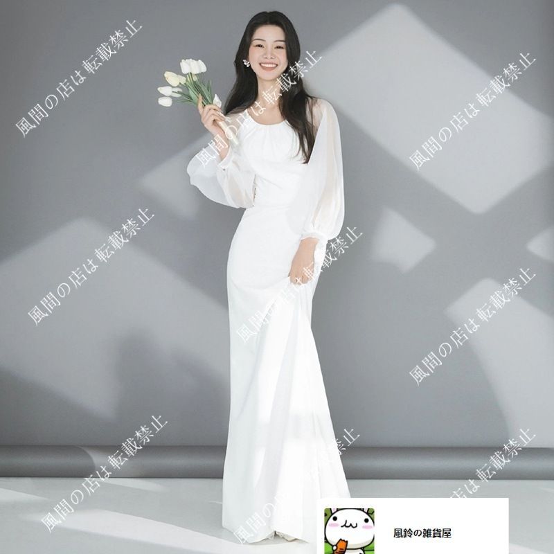 ロングドレス ドレス Aラインドレス ウェディングドレス 白ドレス ワンピース 花嫁 結婚式 披露宴 二次会 前撮り 後撮り 撮影用 発表会 演奏会 長袖 シンプル