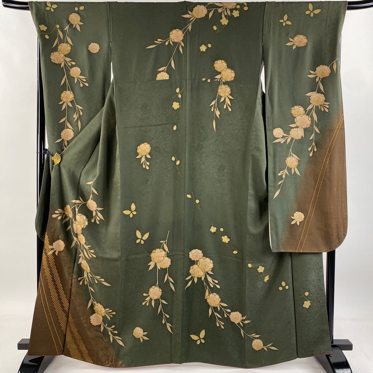 振袖 身丈164cm 裄丈69cm L 袷 桜 疋田柄 金彩 刺繍 茶緑色 正絹 秀品
