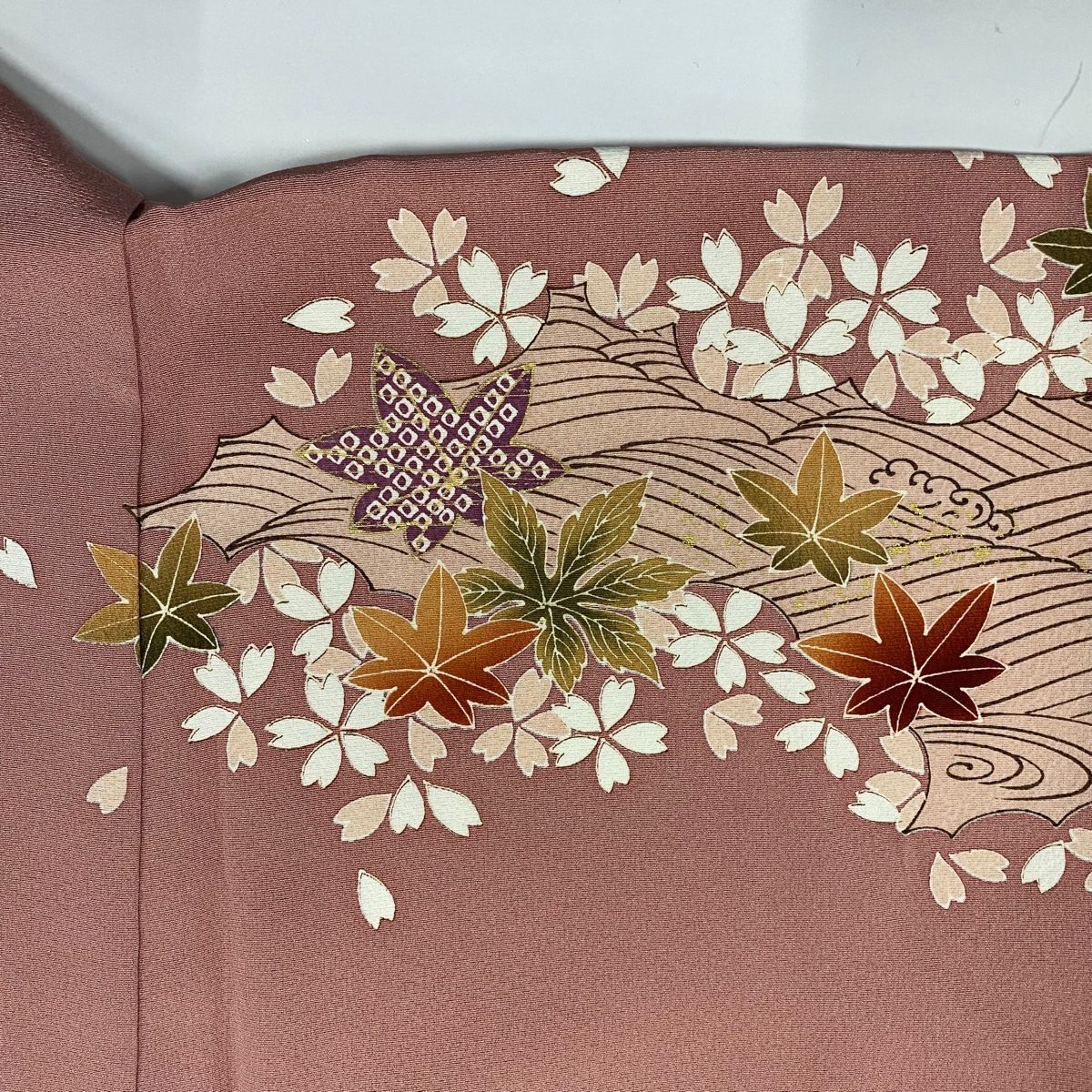 振袖 身丈162cm 裄丈68cm L 袷 楓 桜 金彩 ぼかし ピンク