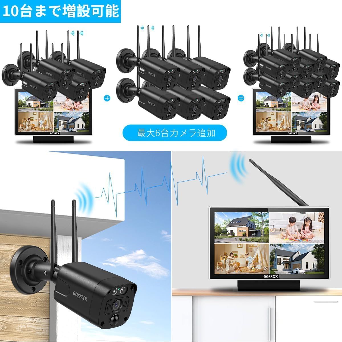 500万画素・信号強化】防犯カメラ 屋外 2台 モニター付き ワイヤレス