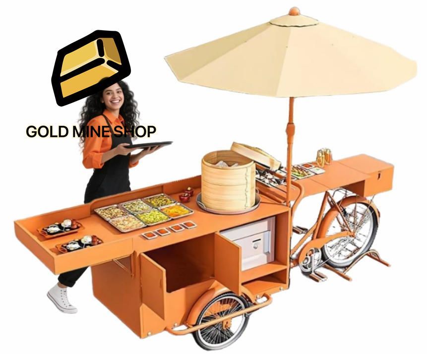 リバーシブルシート付き特大フードバイクカート 傘付き商業用フラワートレーラーフード 花 おもちゃ 食品販売用トレーラーフード販売カート オレンジ色