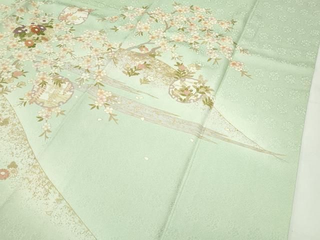 平和屋本店□極上 訪問着 駒刺繍 雪輪草花文 暈し染め 金彩 若芽色地