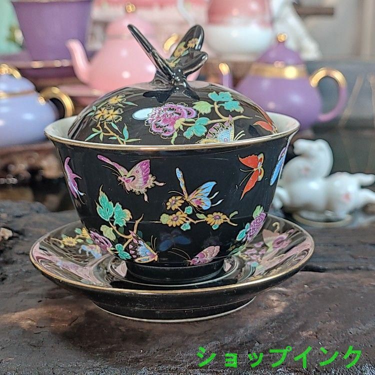 未使用品 蝶恋花三才蓋碗 中国茶器 景徳鎮 蓋付き茶器 飲茶食器