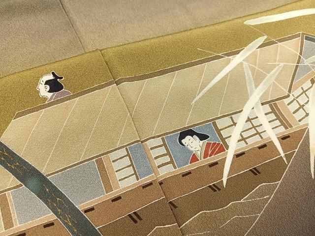 平和屋着物○訪問着 友禅 手描き 人物風景文 笠松 暈し染め 正絹 逸品