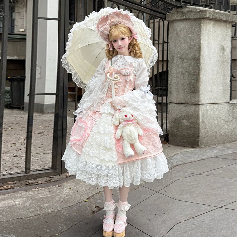 オリジナルデザイン 豪華JSKロリータワンピース 姫袖付き 重工レース ロココ風 ドール風 甘ロリ 華ロリ ピンク ハートリボン