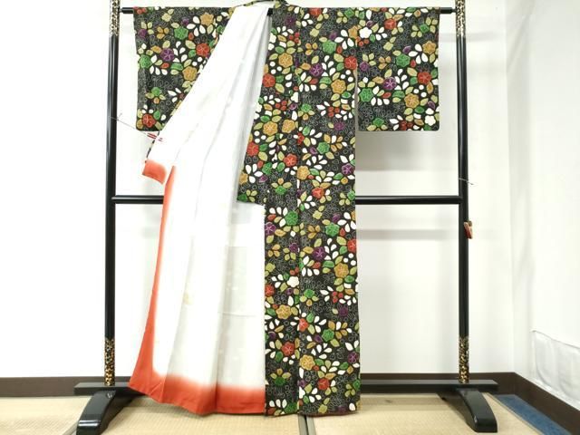 平和屋着物○上質な小紋 絞り 草花文 黒地 正絹 逸品 CAAW7697yc