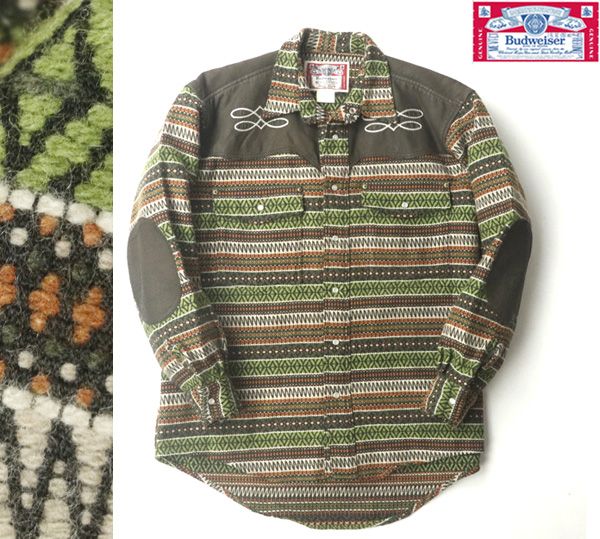 80年代 ヴィンテージ美品 Budweiser バドワイザー 牛革 レザーヨーク エルボーパッチ ウエスタンシャツ ネイティブ S