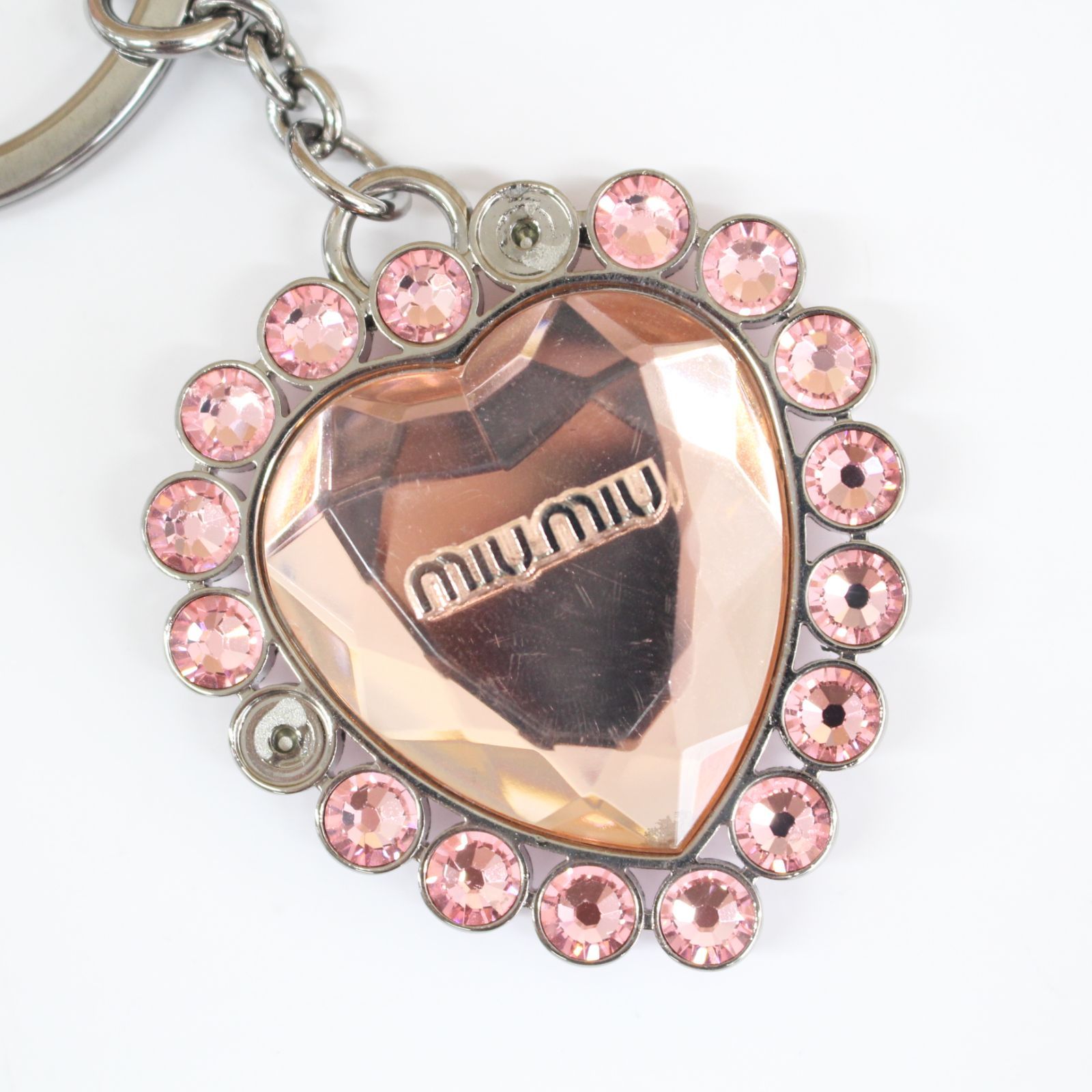 miu miu ハート型キーホルダー ピンク　クリスタル A982】miu miu クリスタル ハートモチーフ キーリング ピンク