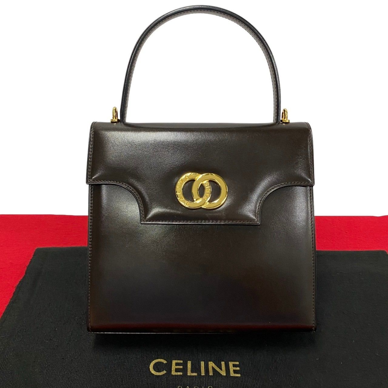 【美品】セリーヌ ハンドバッグ サークルロゴ ゴールド金具 カーフ レザー 黒 極 美品 袋付き CELINE セリーヌ サークル ロゴ スター 金具
