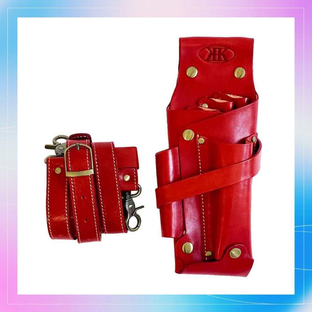 【在庫限り】Color:レッド KK(三四郎市場) シザーケース 本革 4丁 美容師 理容師 トリマー用 シザーバッグ 本革ベルト付き 全五色 ssr019 (レッド)
