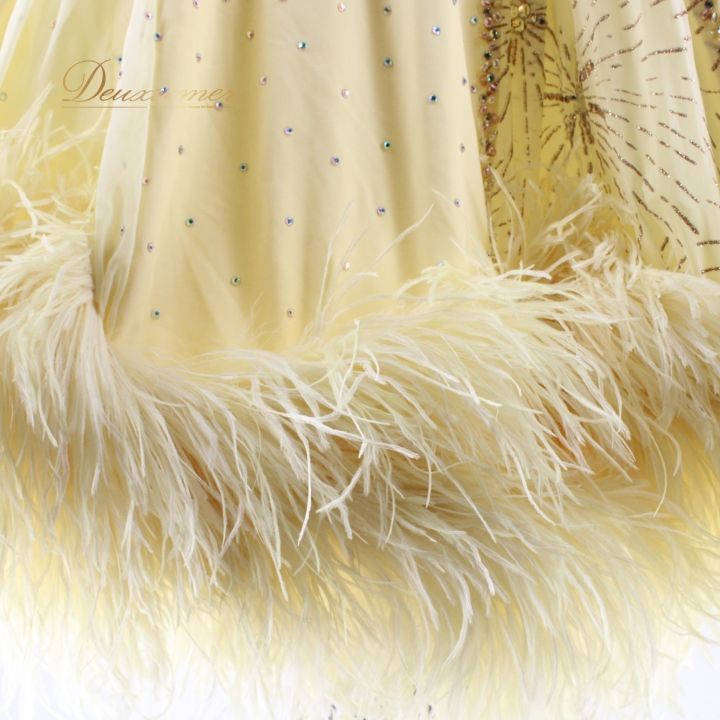 社交ダンス 衣装 スタンダードドレス スタンダード ワンピース 黄色 ファー デモ 競技用 ダンス パーティ 発表会 イエロー系 レモン 明るい 明るい色 明るいレモン色 デモ用 競技用ドレス コスチューム 発表会用