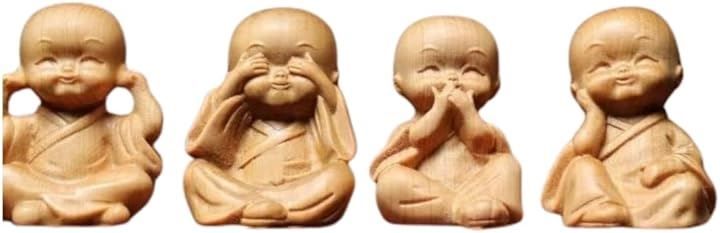 Kidsmal 崖柏 木彫り 小僧 香木 和風 癒し 置き物 仏教 天然木 インテリア 雑貨 置物(ナチュラルウッド4体 セット，  小)