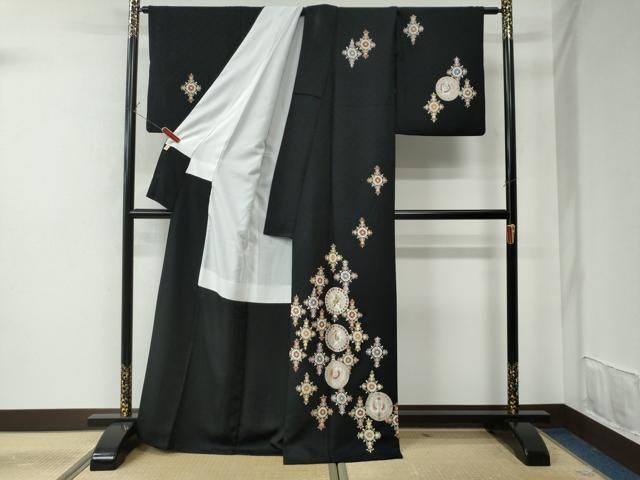 平和屋着物●訪問着　鳳凰狩猟花丸文　黒地　銀彩　正絹　逸品　CAAU2116yc 平和屋着物○訪問着 鳳凰狩猟花丸文 黒地 銀彩 正絹 逸品 CAAU2116yc