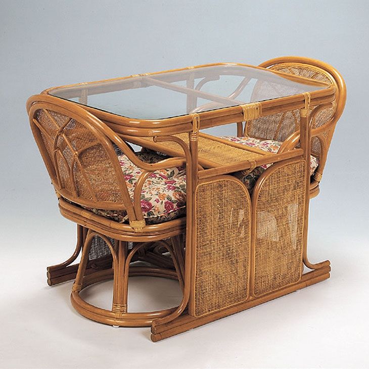 天然籐 ダイニング3点セット ラタン ガラステーブル チェア 椅子 2脚 アジアン家具 リゾート 客間