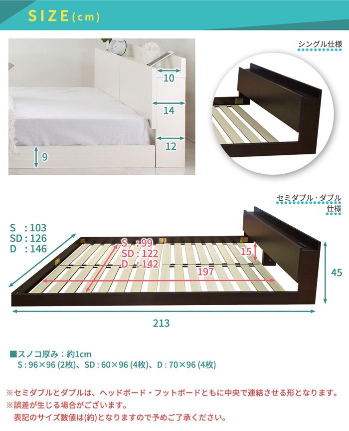 USB宮付きフロアベッド セミダブル ベッド ２口コンセント付き ベッド