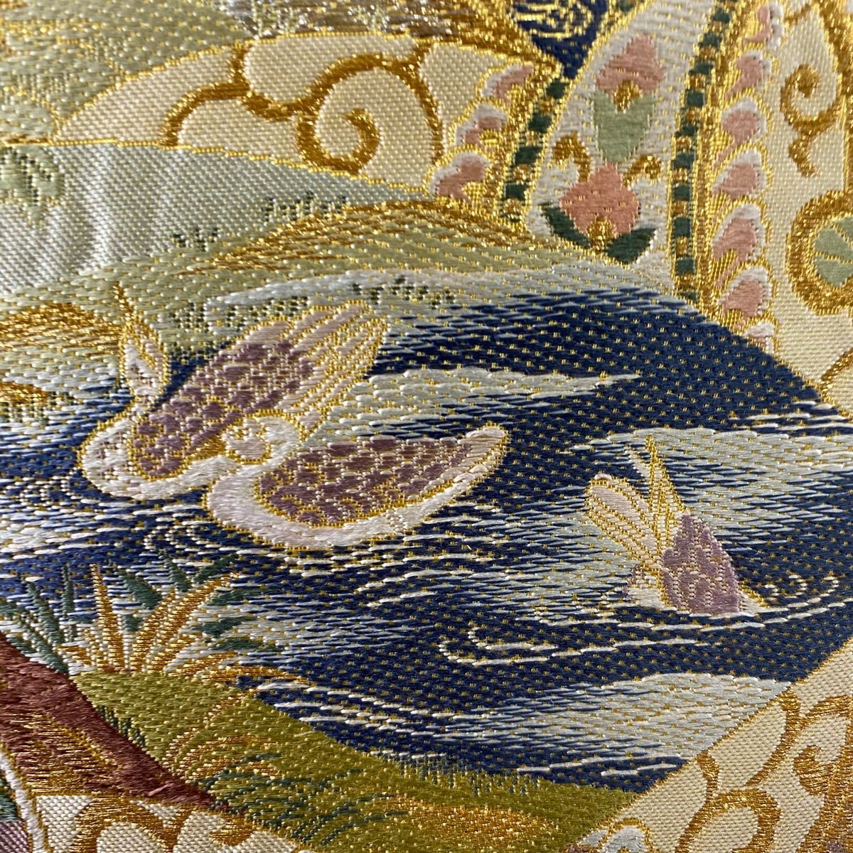 袋帯 美品 秀品 大華文扇花鳥図 箔 金銀糸 クリーム 六通 正絹