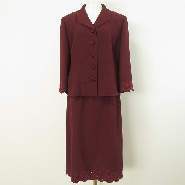 anc レリアン Leilian スカートスーツ セットアップ 11 ボルドー 刺繍 レース バラ 七分袖 レディース 965606