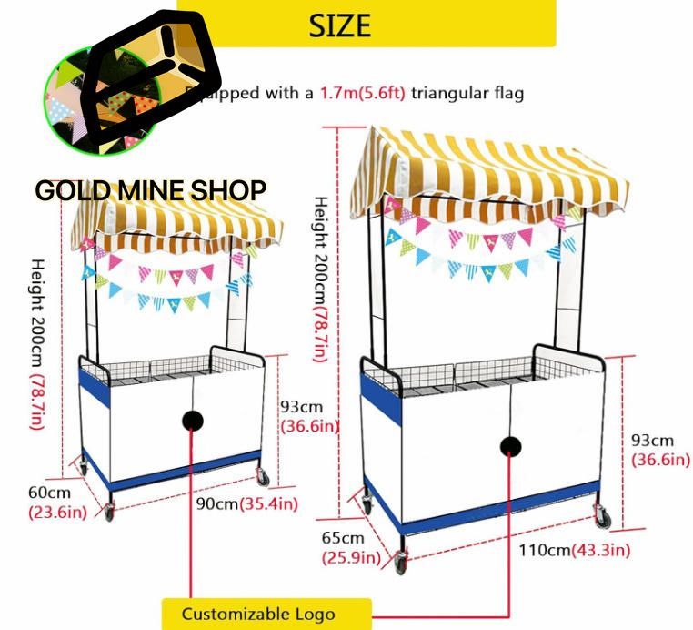 移動式屋台食品販売カート キャノピーメタルプッシュカート 屋外折りたたみケータリングカート 屋台やイベント用 110x65cm|3.61x2.13ft