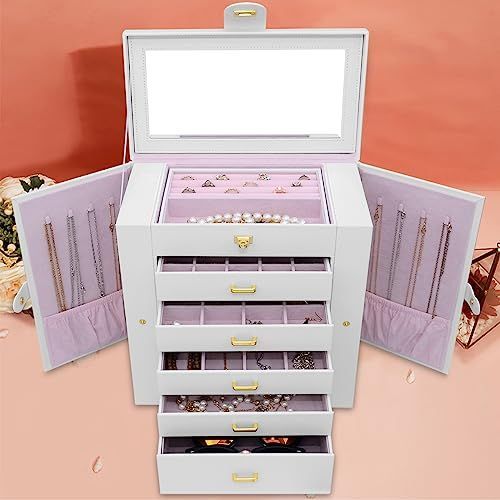 ホワイト BUBM ジュエリーボックス 大容量 6段 鏡付き アクセサリー