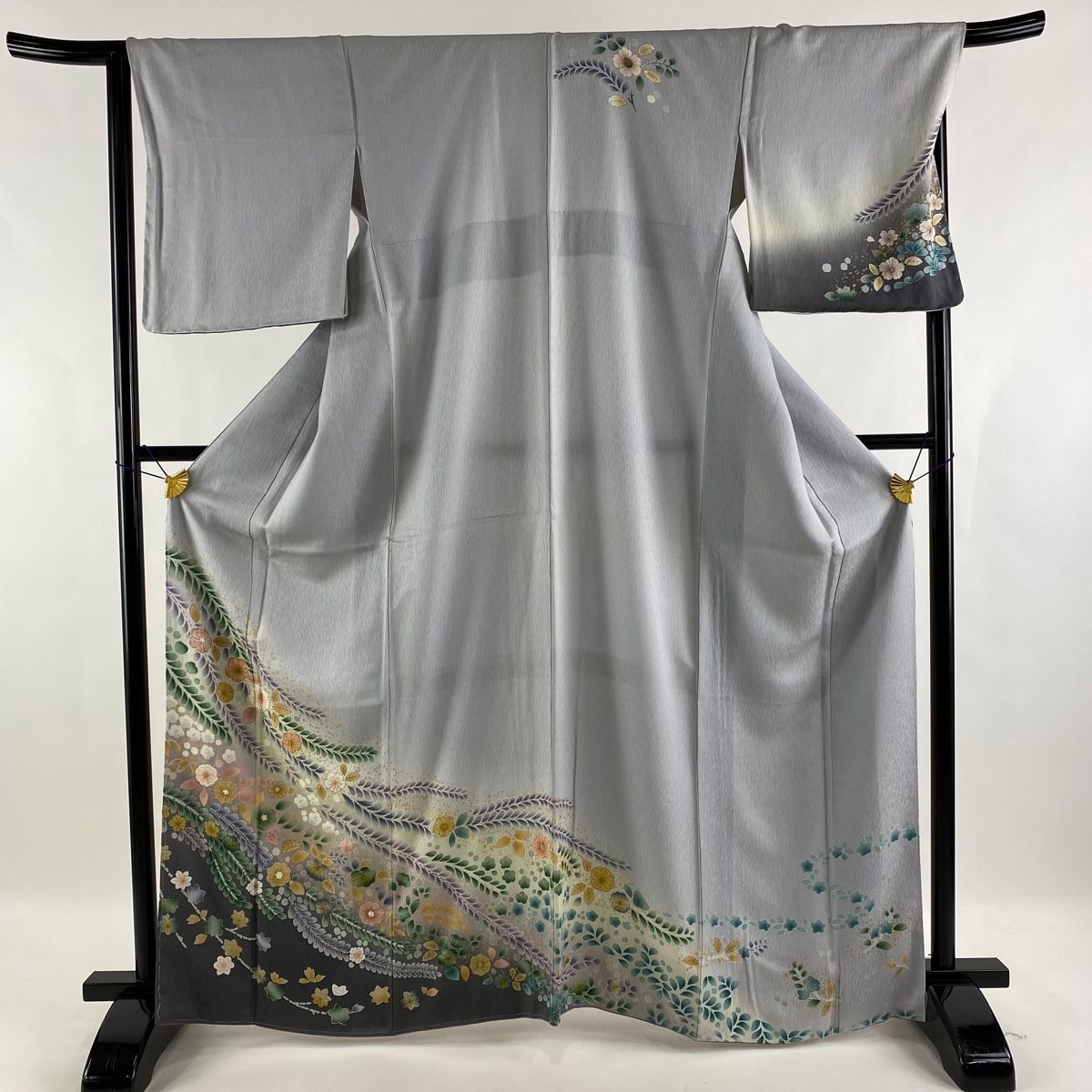 美品 訪問着 辻が花 ブルーグレー 絞り 身丈164cm 裄丈67cm-