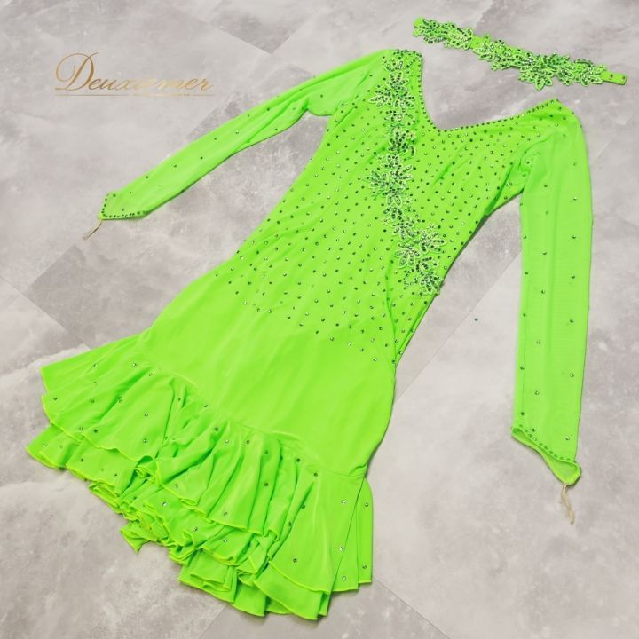 社交ダンス 衣装 ラテン ドレス ワンピース 黄緑 蛍光 デモ 競技