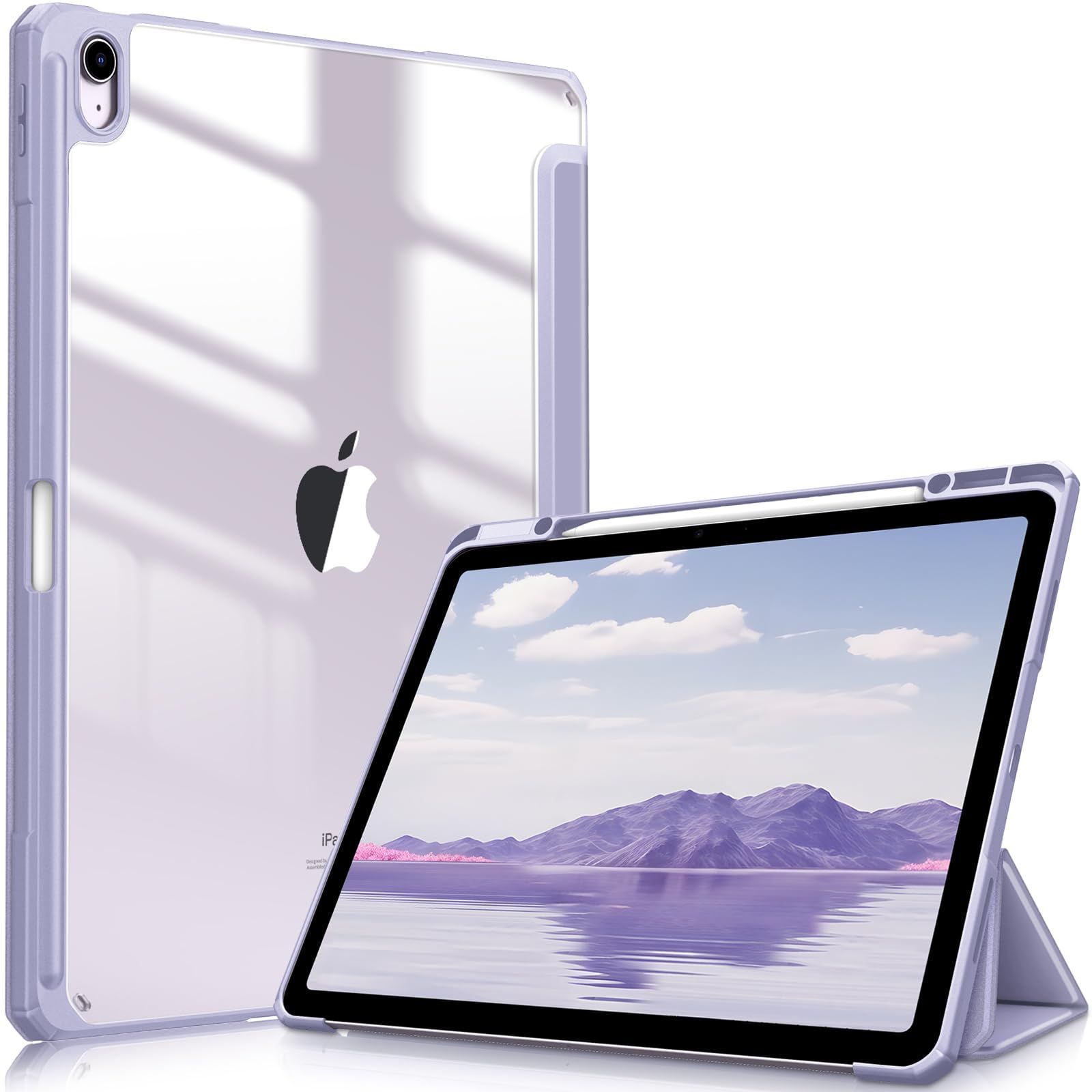 【新着商品】スリープ機能 軽量 三つ折スタンド Proワイヤレス充電対応 Pencil 薄型 Pencil Apple Apple 傷つけ防止 収納可能 透明バックカバー 2024 PU合成レザー ケース 13インチ(M2) Air TPU(ライラック