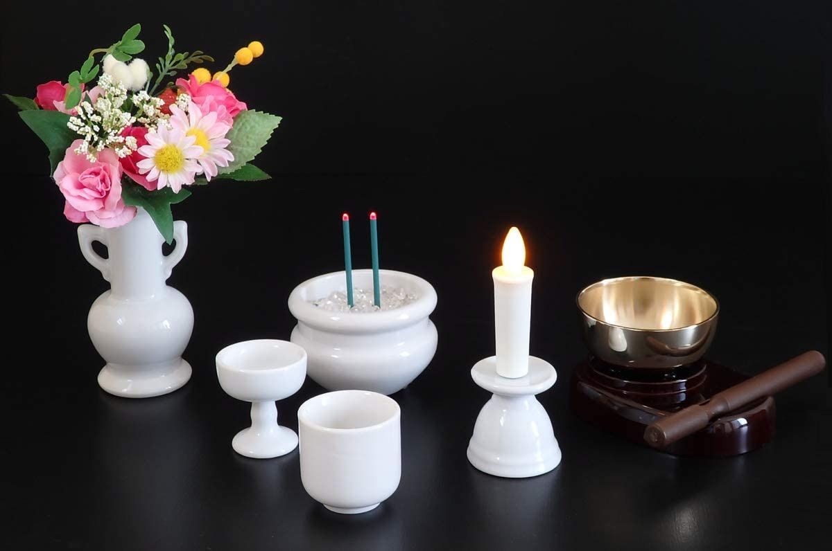 白無地陶器仏具セット 天空 10分自動消灯LED組合せ おりん 水晶つぶ付き