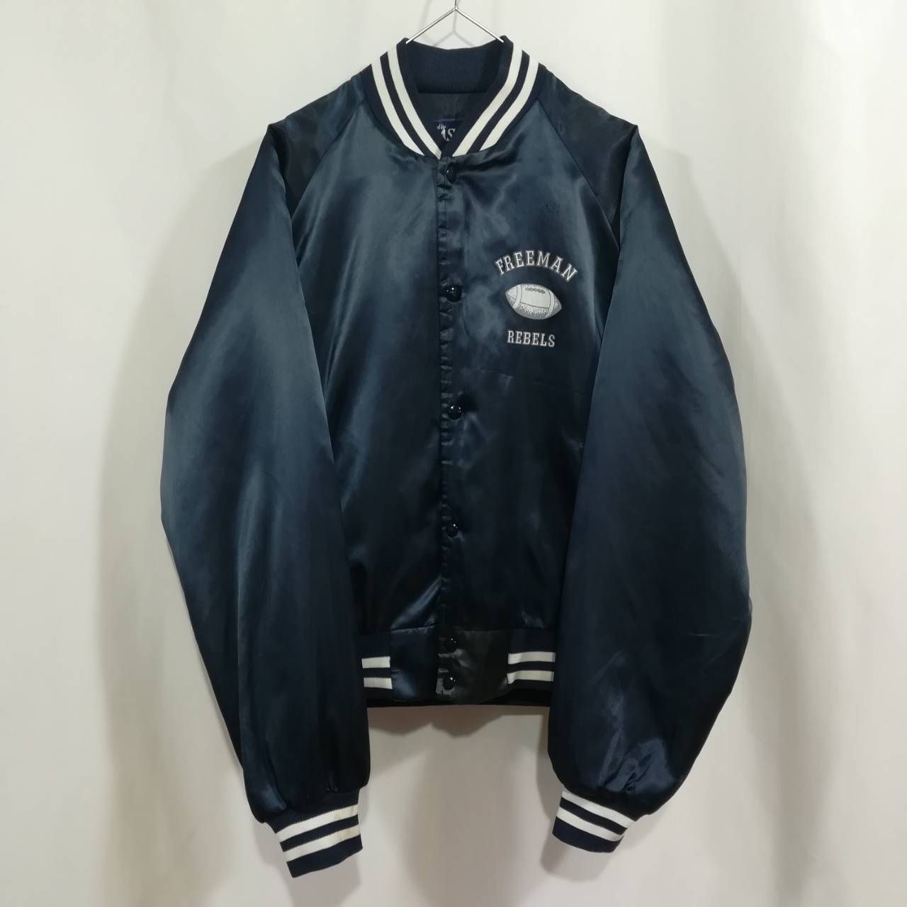 USA古着 スタジアム ジャケット 袖革 フットボール ワッペン 90s 紫 白