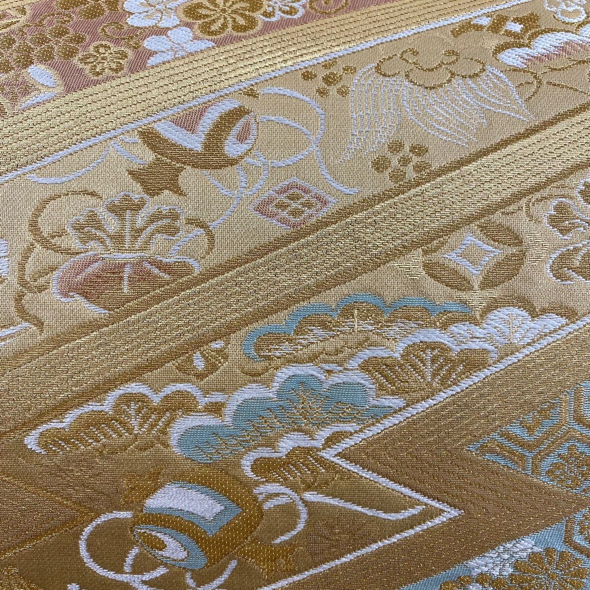 袋帯 秀品 宝尽くし 菊唐草 金糸 箔 ベージュ 六通 正絹