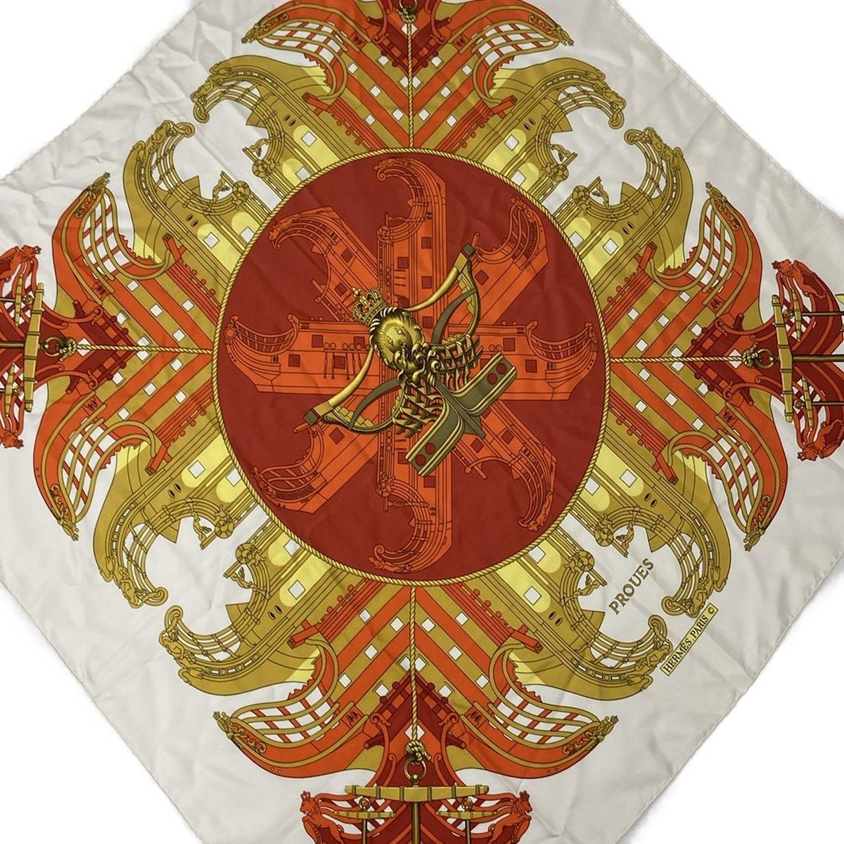 HERMES エルメス スカーフ カレ90 白×オレンジ×マルチ PROUES