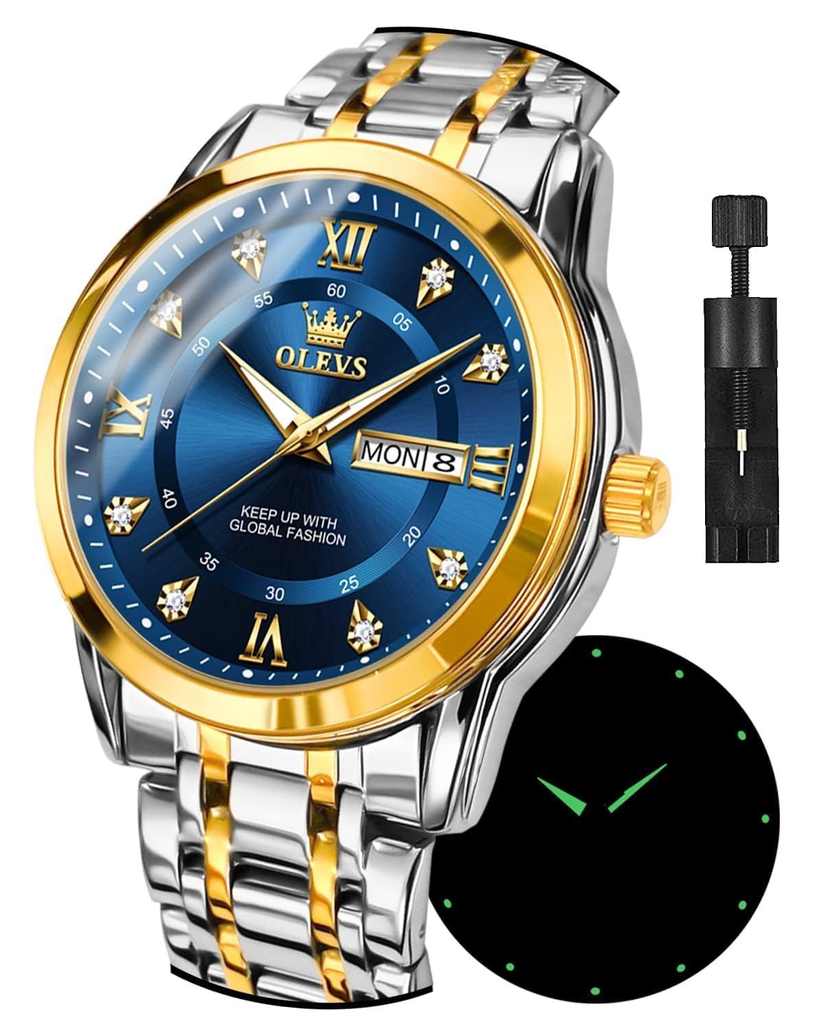 ブルー OLEVS 腕時計 メンズ シルバー 人気 クォーツ カレンダー 防水 watch for men ブランド ステンレス おしゃれ ブルー