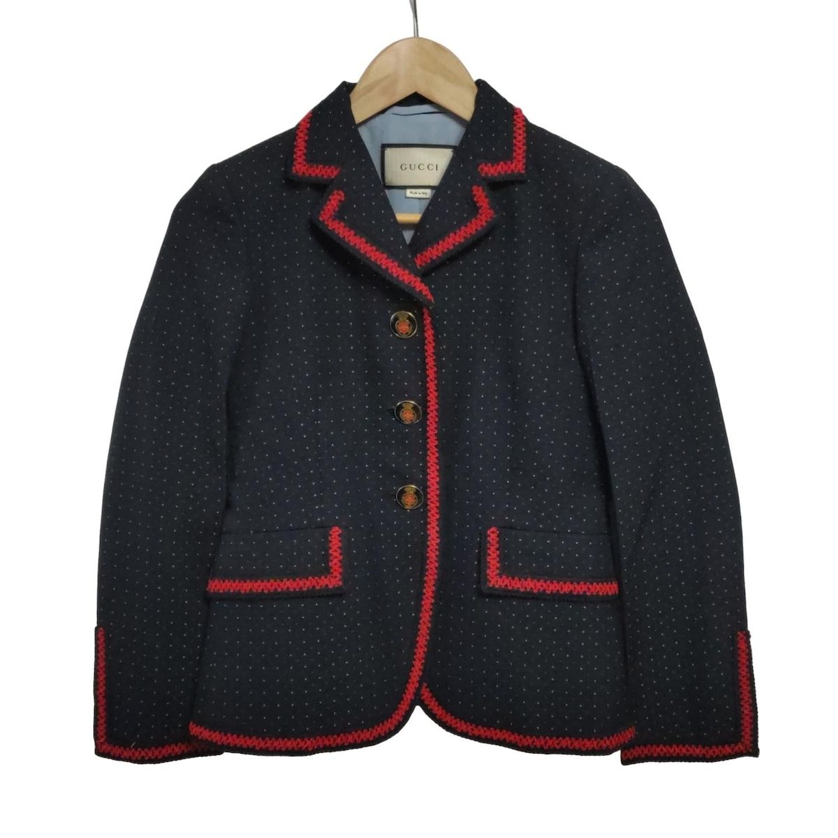 GUCCI グッチ ジャケット サイズ36 S レディース - 432418 Z490B ダークネイビー×レッド×白 長袖|肩パッド|ドット柄|秋|冬