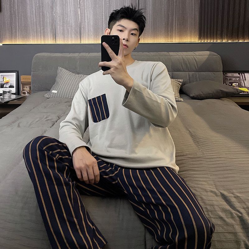 部屋着 メンズ 上下セット パジャマ ルームウェア Tシャツ 男子 ロングパンツ セットアップ 丸首 カジュアル 綿 おしゃれ コンフォート 長袖 ストライプ  nee3c253284