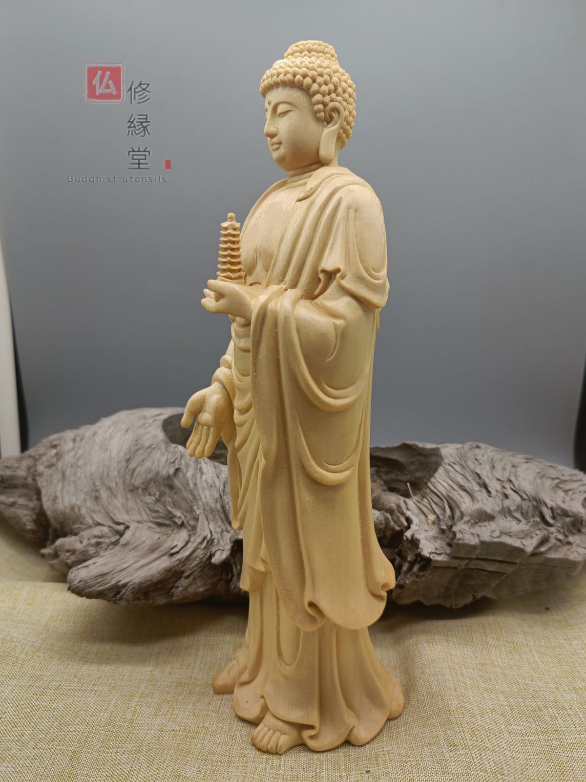 修縁堂】極上品 木彫り 仏像 薬師如来三尊座像 彫刻 仏教工芸品 柘植材