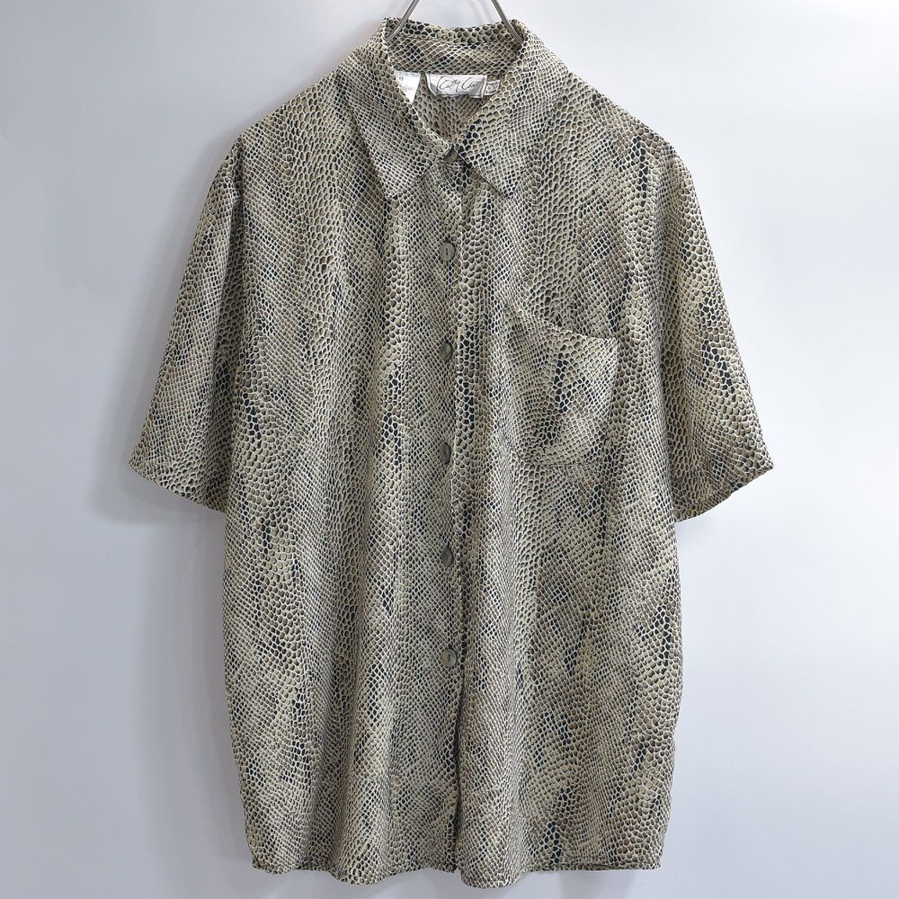 80〜90s KathyCheパイソン柄スネークスキン 総柄 ポリエステルシャツ 80～90s Kathy Che パイソン柄 スネークスキン 総柄