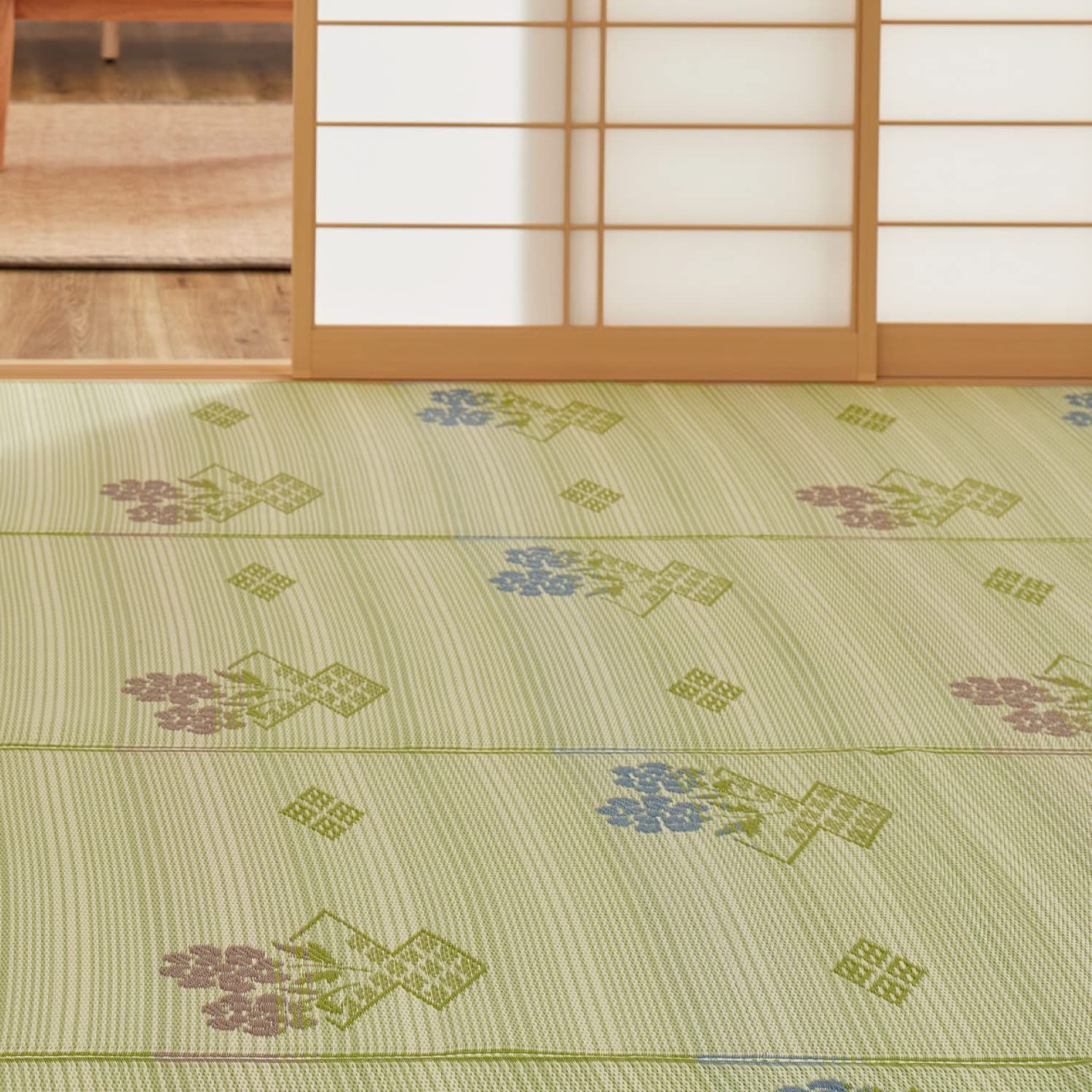 【数量限定】「#110」 い草風 58間6畳 柄上敷き 花ござ グリーン 水洗いOK PP柄上敷き 日本製 萩原 約264X352cm