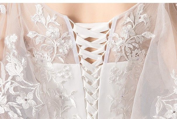 新婦長袖夏用ハイウエスト長トレーンスリムに見せる小柄新婦向けウェディングドレス一件代発