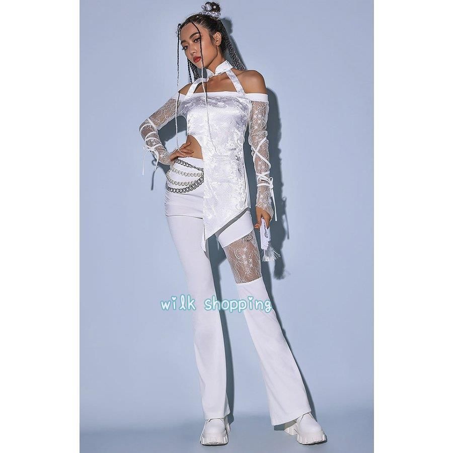 韓国 ダンス 衣装 セットアップ レディース へそ出し メッシュ 刺繍 レーストップス パンツ スカート ジャズダンス ヒップホップ 白 パンツ LLC-HASEGAWATOSO_COM