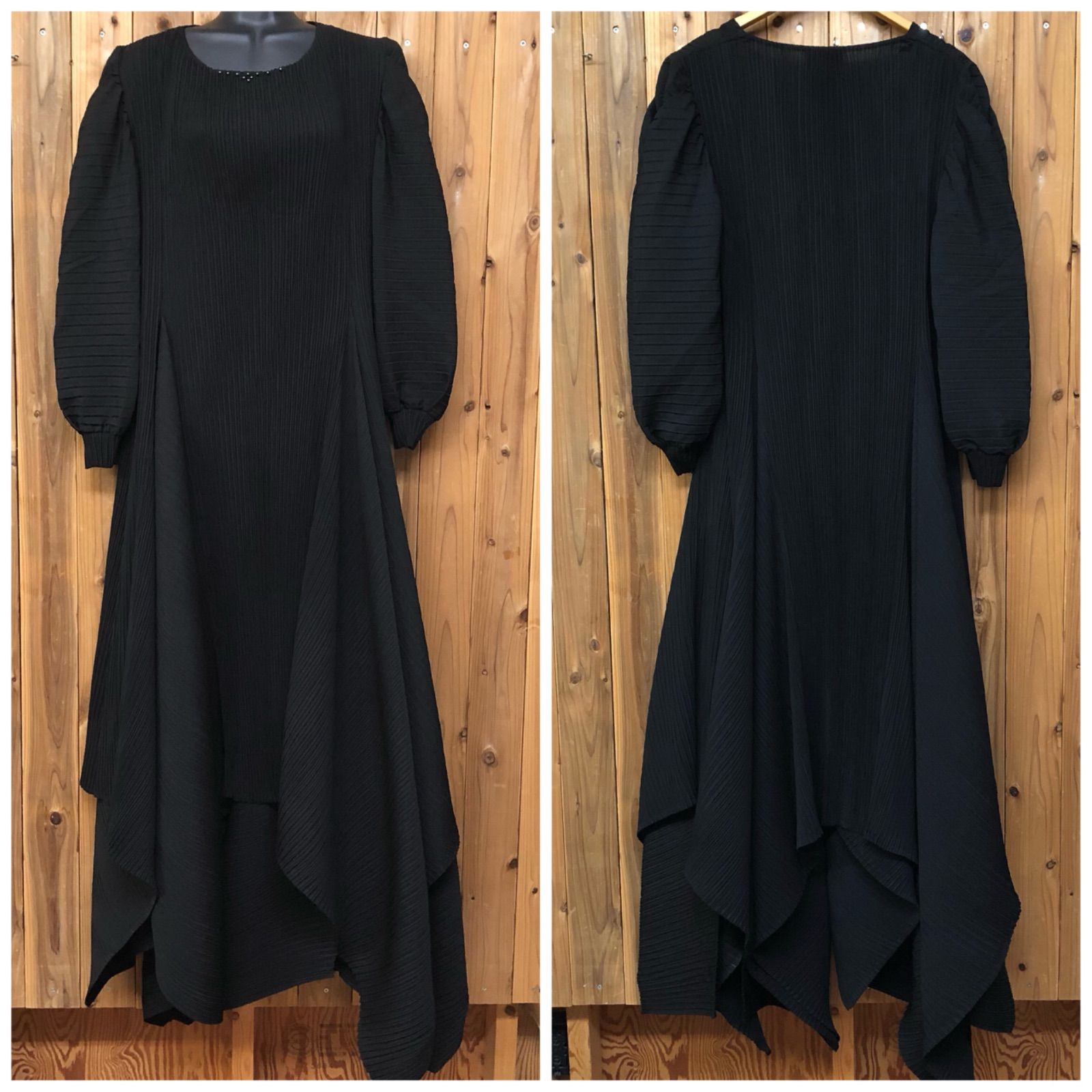 MISS J ＊ 日本製 ミスジェイ ラピーヌ レディースF 長袖 ロングワンピース プリーツワンピース ドレス フ スカート ブラック ゆったり フォーマル