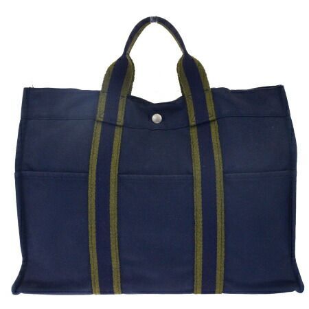 【中古】 エルメス HERMES フールトゥ MM トートバッグ ハンドバッグ ネイビー グリーン キャンバス 07HB818
